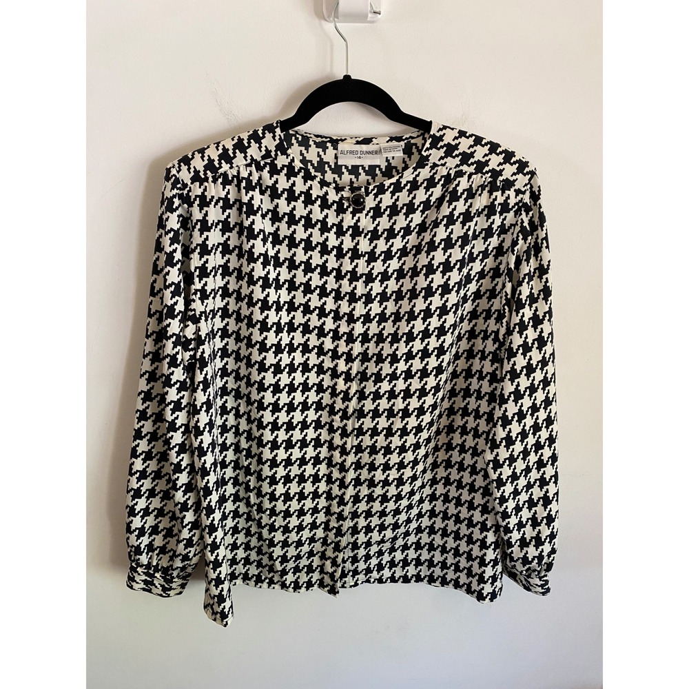Alfred Dunner Womens 14 Blouse Black White Houndstooth‎ Hidden Button Front Top